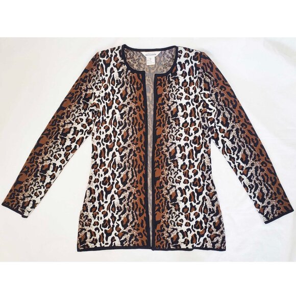 MISOOK Womens Leopard Knit Open Front Cardigan Crew Neck Brown Black White XS - Picture 6 of 6